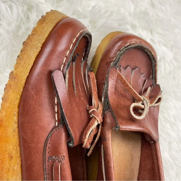 VTG 1970’s Sears Roebuck Brown Leather Thick Gum Sole Loafers w Fringe and Bow - Picture 4 of 15